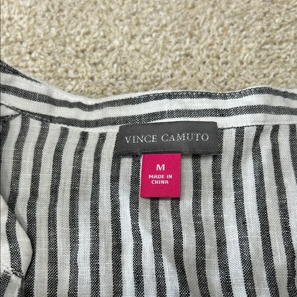 Vince Camuto Black and White Striped Button Down Shirt 3/4 Sleeves 100% Linen - Picture 5 of 7